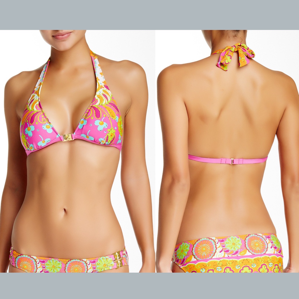Neew Trina Turk Woodblock Triangle Halter Bikini Top In Pinkberry [Sz 2 ]